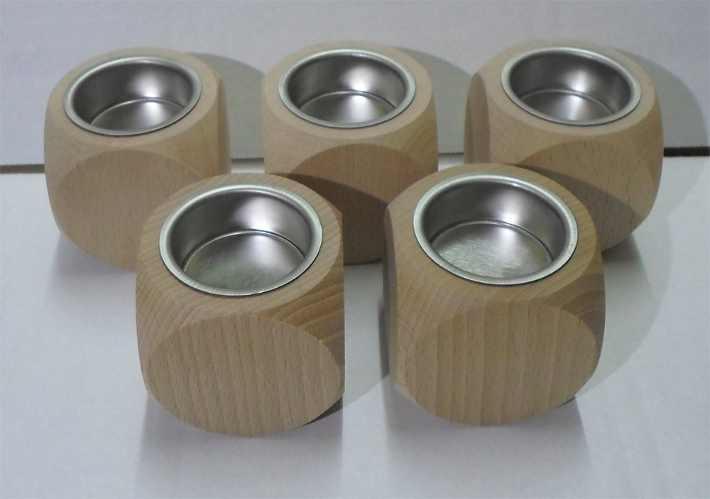 Teelichthalter Würfel, 60x60, Buche, mit Metalleinlage